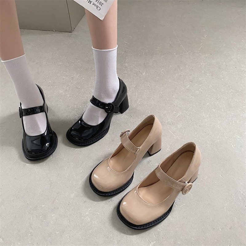 Giày nữ Mary Jane cao gót đế vuông 7p mũi tròn da bóng Eudora899 quai ngang vintage GB18