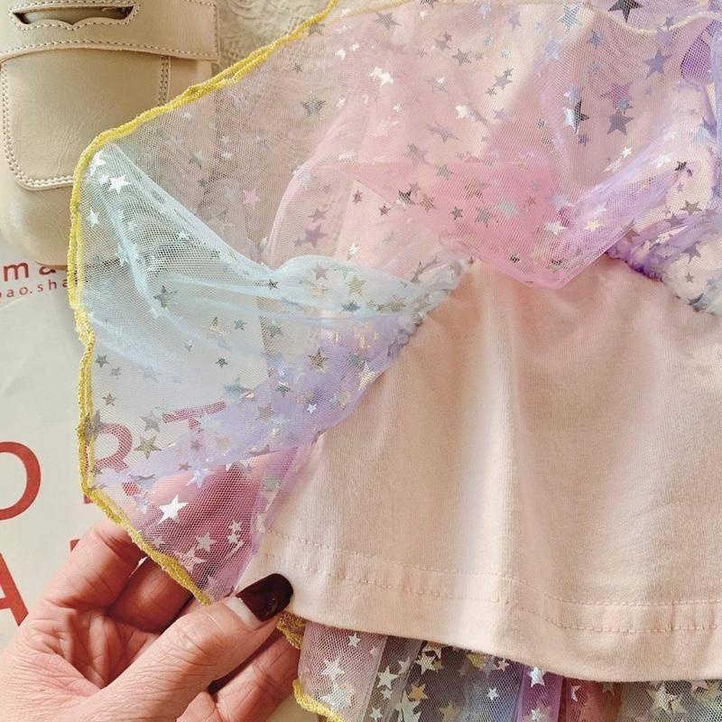 Đầm lưới cotton cổ tròn in hoạt hình phong cách phương Tây cho bé gái