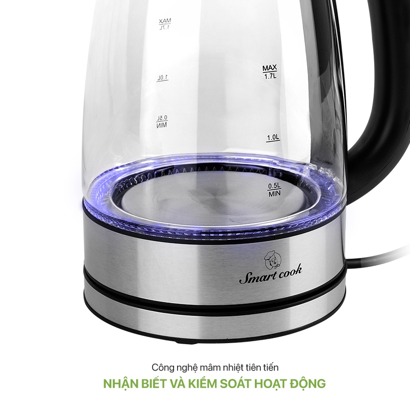 Ấm đun nước thủy tinh siêu tốc 1.7 Lít Smartcook  ICS-3859 - Hàng chính hãng