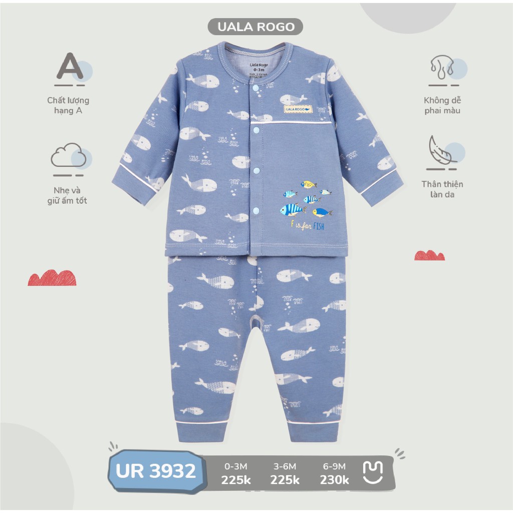 Bộ quần áo sơ sinh Ualarogo 0-9 tháng Cotton nỉ giữ ấm dài tay cúc giữa thấm hút