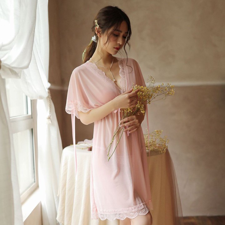 Váy ngủ ren sexy bẹt vai mặc hai kiểu đồ ngủ big size voan thun với màu vàng mơ ngọt ngào | BigBuy360 - bigbuy360.vn