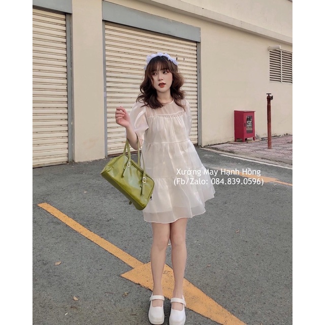 Váy babydoll Ulzzang voan 2 lớp, váy trắng cổ tròn dáng xòe