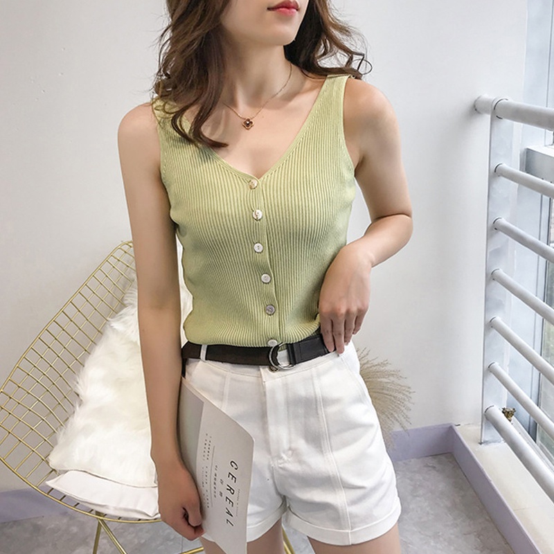 Áo Tank Top Sát Nách Cổ Chữ V Phối Nút Phía Trước Thiết Kế Quyến Rũ