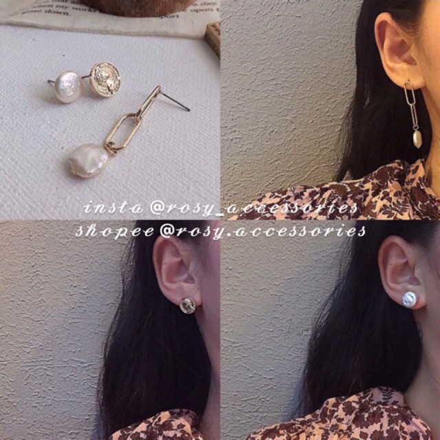 ROSY - SET 3 KHUYÊN TAI ĐỒNG XU NGỌC TRAI GIẢ VINTAGE (ẢNH THẬT Ở CUỐI!!!)