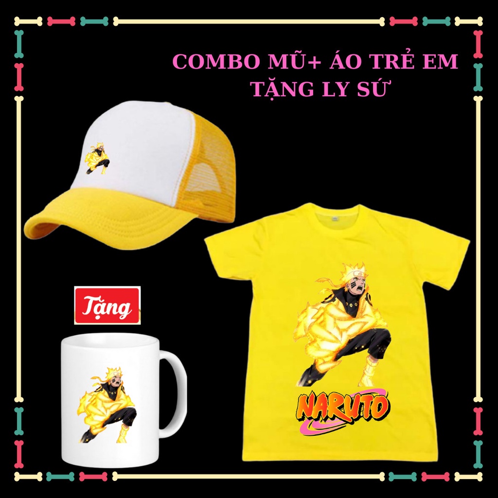 Combo Áo Naruto+Mũ Lưỡi trai Naruto-Tặng Ly sứ Naruto cho trẻ em tay ngắn Vải thun thái co giãn 4 chiều