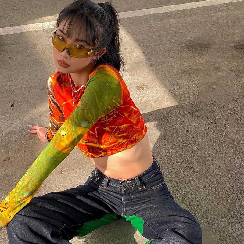 DUNEA Áo thun tay dài cổ tròn in họa tiết thời trang trẻ trung cho nữ