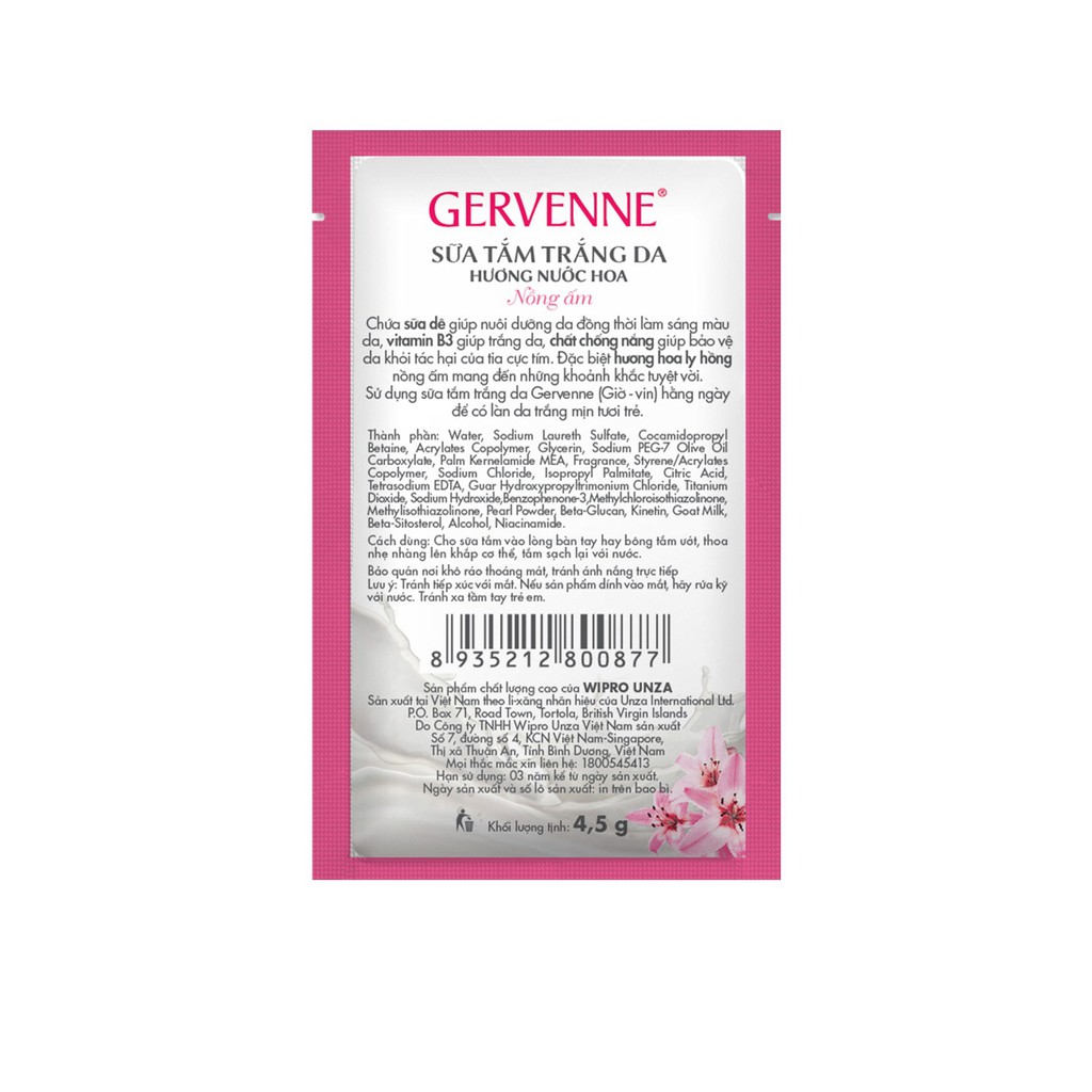 [HB Gift] Combo 12 Gói Sachet Gervenne Sữa Tắm Trắng Da Hương Nước Hoa Pink Lily 4.5G/gói