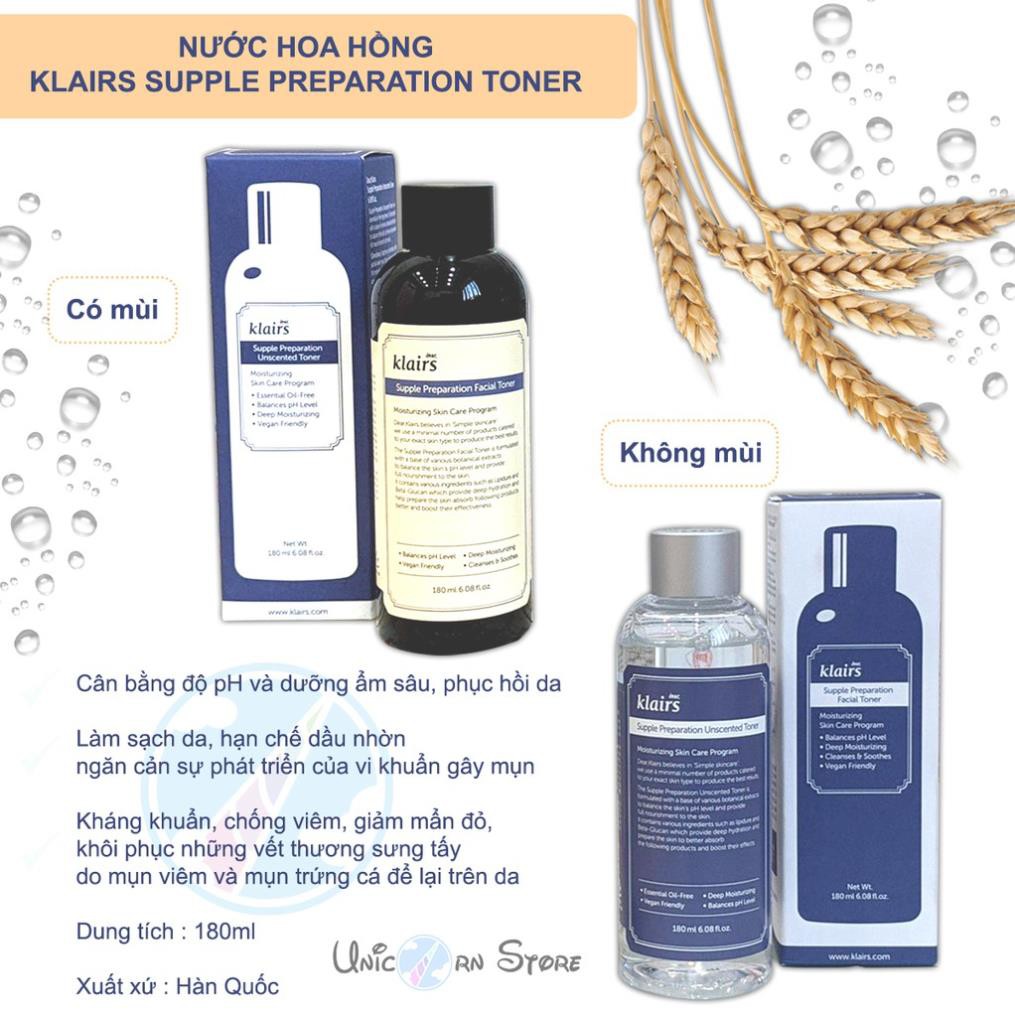 Hàng Hàn- Nước hoa hồng có mùi / không mùi Klairs Supple Preparation Toner 180ml