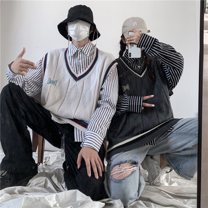 Áo Len Gile Đôi Nam Nữ Áo Len Không Tay Cổ V Len Vặn Thừng Áo Ấm Thu Đông | BigBuy360 - bigbuy360.vn