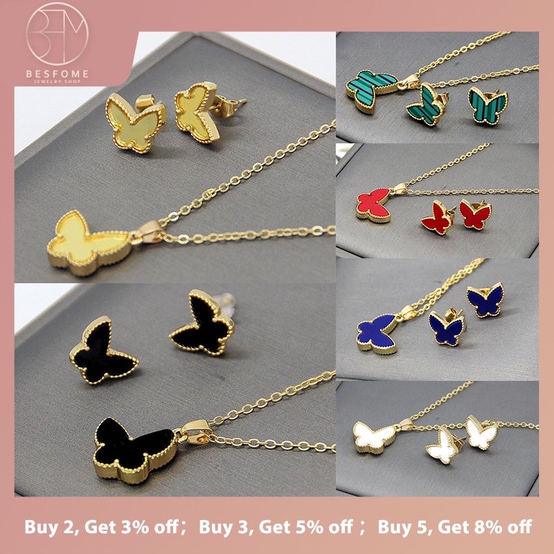 BESFOME 2 bộ các vụ nổ truyền hình trực tiếp! trang sức bướm bộ vòng cổ nữ thời trang xương đòn chuỗi dây chuyền mặt dây chuyền bông tai bộ vàng hồng 18k thép titan