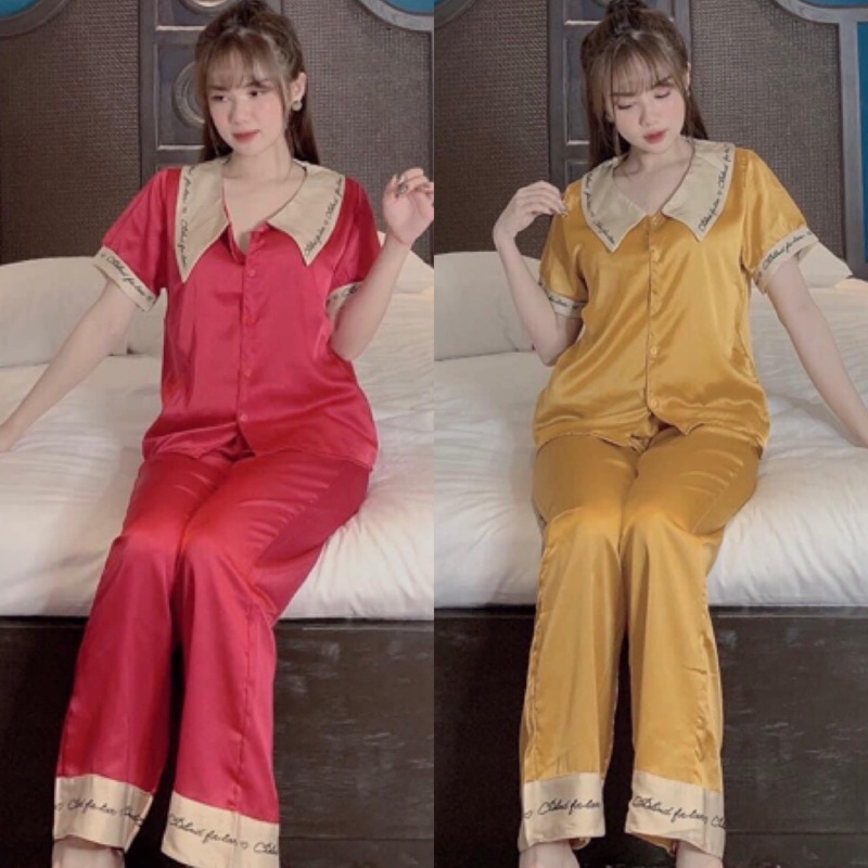 Bộ Pijama Lụa Chữ Kí Tiểu Thư Cổ Nhọn