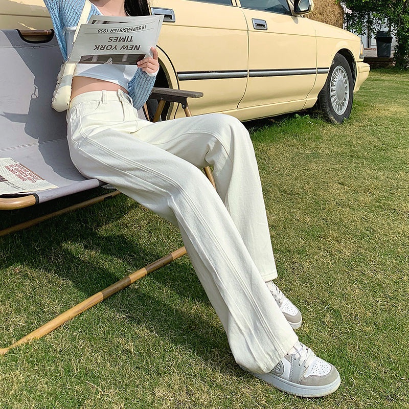 Jiashucheng Off-White Quần Jean Dài Ống Rộng Lưng Cao Dáng Suông Màu Trắng Thời Trang Mùa Thu Mới Cho Nữ