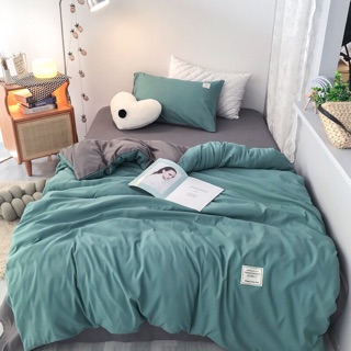Bộ Chăn Ga Gối Cotton Tici Mẫu Xanh Ngọc Phối Xám