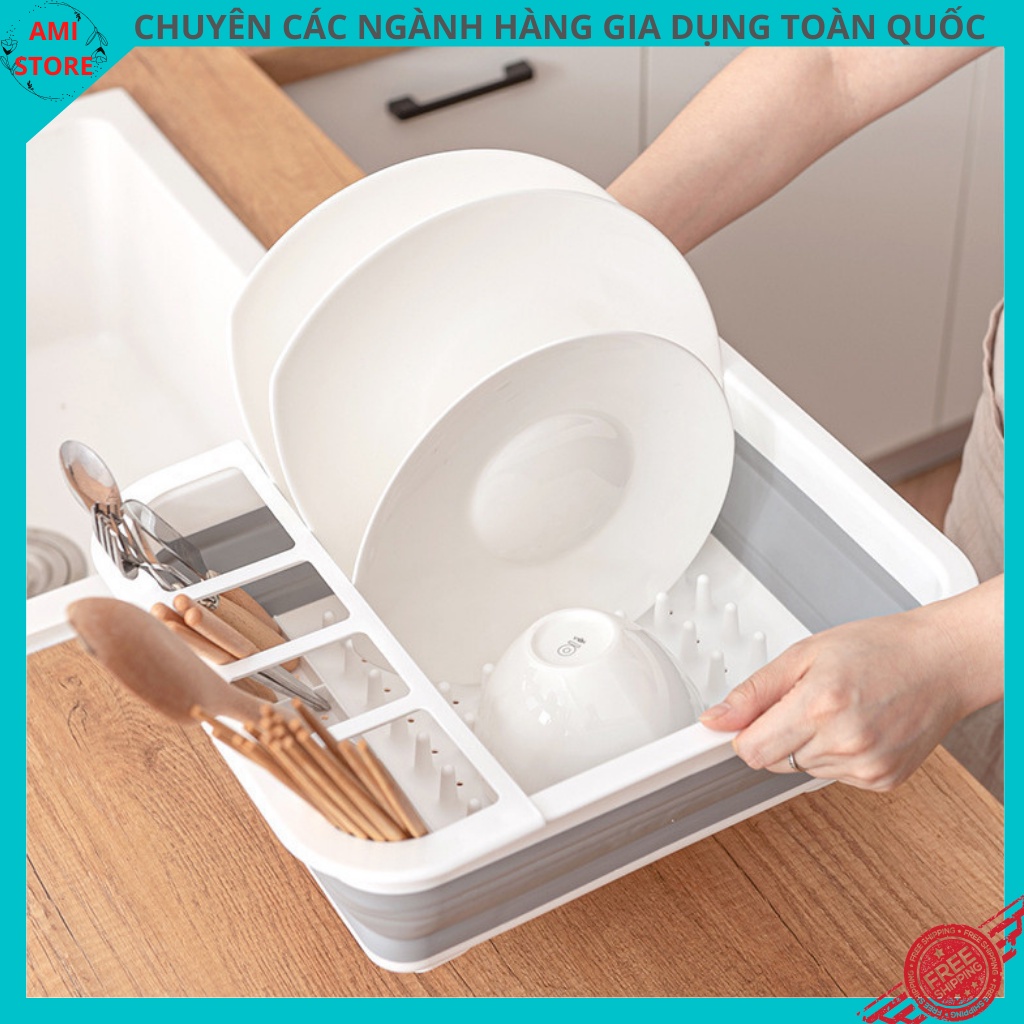 Rổ / khay đựng úp chén bát dĩa đa năng gấp gọn chữ nhật đồ dùng nhà bếp