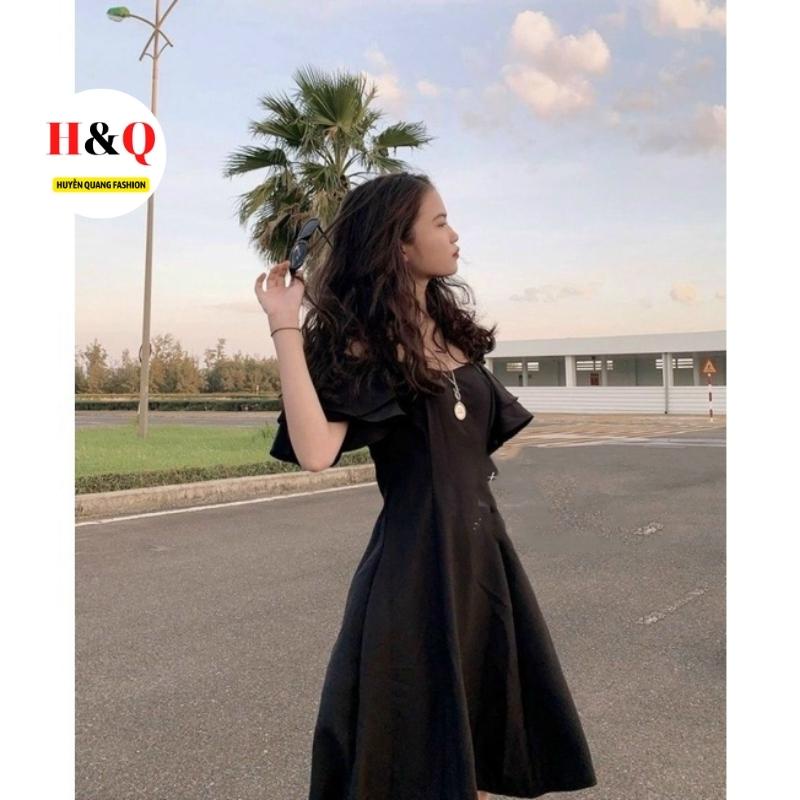 Váy Nữ Trễ Vai Tay Bồng Dáng Xòe Tiểu Thư Style Hàn Quốc 2 Màu Đen Trắng.