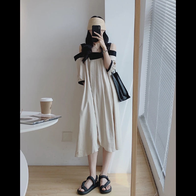 Đầm lười nhẹ không dây dài vừa phải khí chất sành điệu thời trang retro phong cách Hồng Kông cho nữ