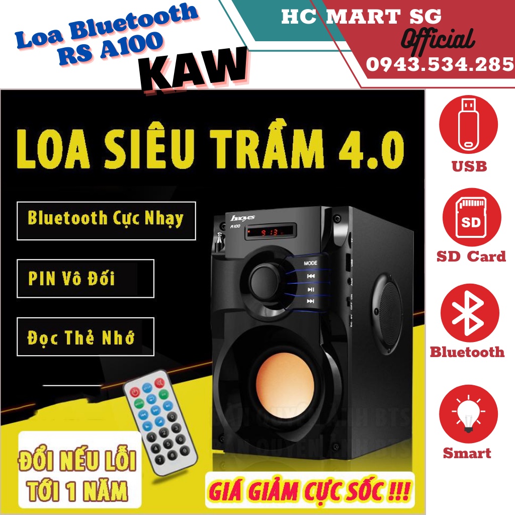 Loa Nghe nhạc Bluetooth Cao Cấp Super Bass A100 có điều khiển từ xa, 2 treble + 1 bass, âm thanh chất lượng tuyệt vời