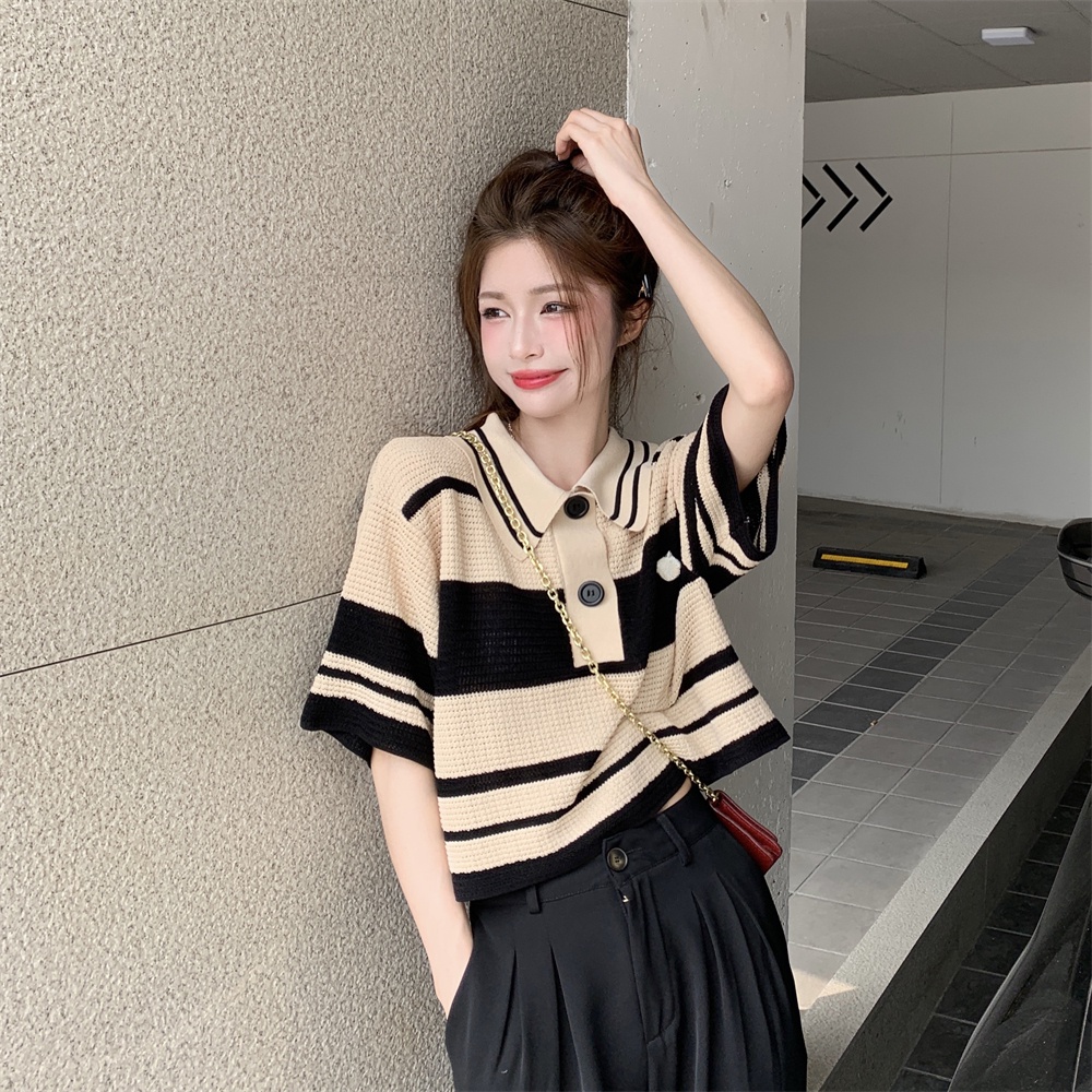 SUXI Áo Thun Dệt Kim Họa Tiết Kẻ Sọc Trắng Đen Phong Cách Vintage Thời Trang Mùa Hè Cho Nữ