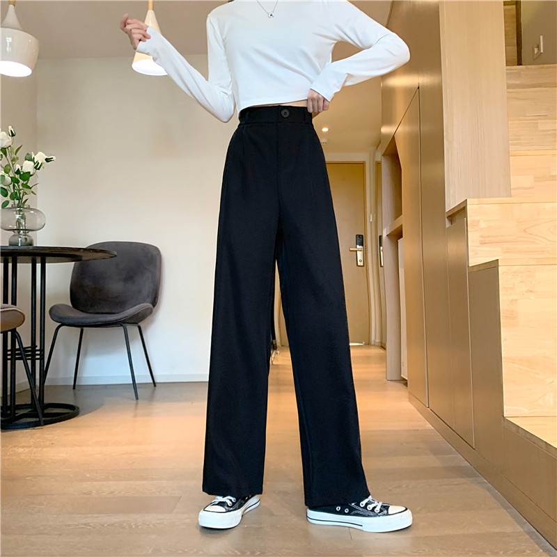 Quần Dài Ống Rộng Lưng Cao Màu Đen Phong Cách Hàn Quốc Thời Trang Mùa Hè Cá Tính Cho Nữ