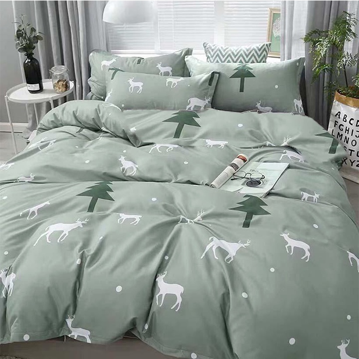 Sét vỏ chăn 5 món m4 Ga gối kèm vỏ gối ôm - Mẫu Tuần lộc xanh (Lựa thêm mẫu nha)