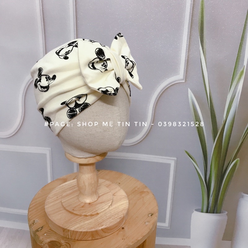 Mũ turban cho bé (6m đến 2y -mickey trắng - Mũ nơ cotton cho bé