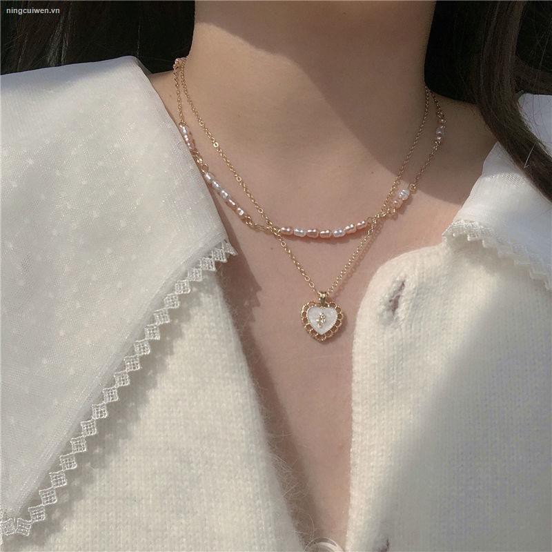 vòng cổ Hai Lớp Mặt Trái Tim Đính Hoa Hồng Và Ngọc Trai Cổ Điển Thời Trang Xuân Hè Mới 2021