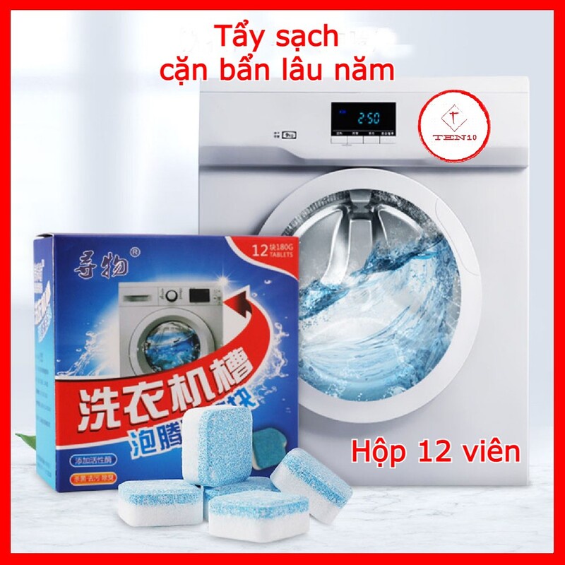 Viên tẩy lồng máy giặt Hộp 12 viên tẩy rữa mọi vết bẩn nhanh chóng cho máy giặt cửa ngang cửa trên hòa tan trong nước