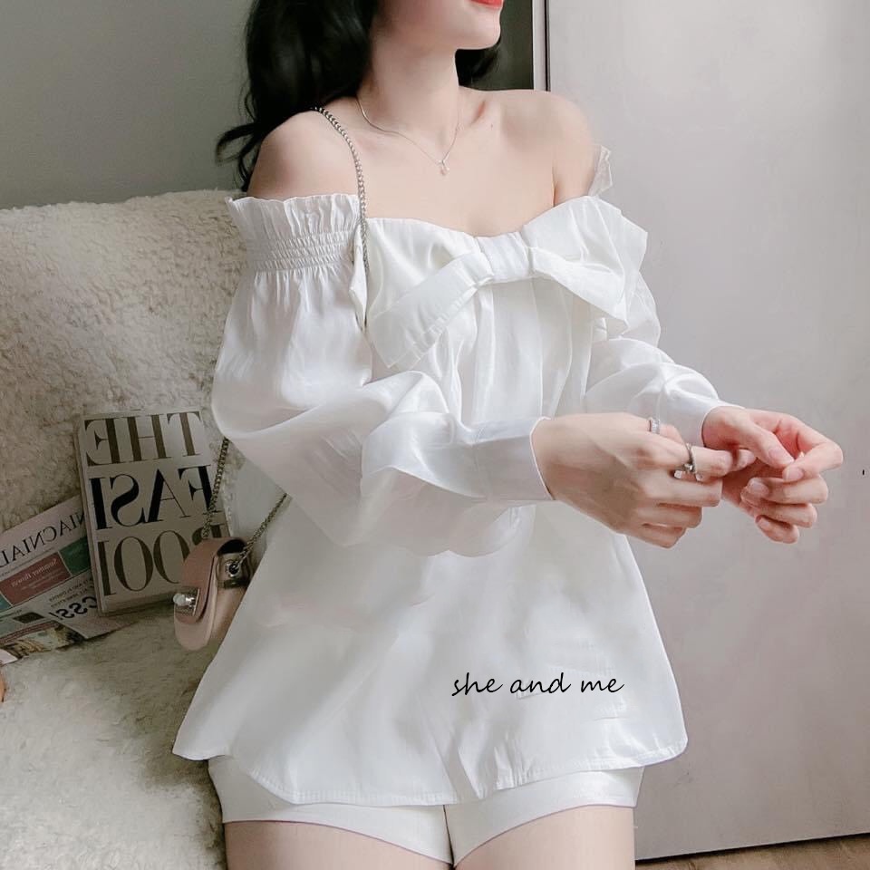 (SALE TẬN GỐC) Sét Áo Trễ Vai Thắt Nơ Bo Chun Tay Áo Kèm Quần Short Cạp Chun Siêu Đẹp Ảnh Thật Tự Chụp