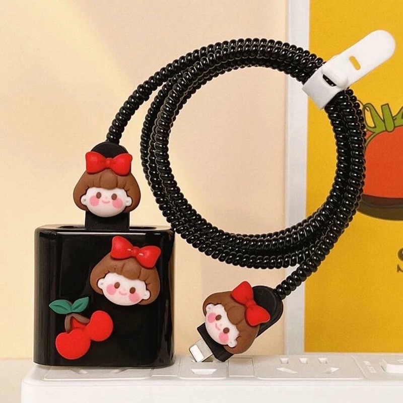 Bộ phụ kiện bảo vệ cáp và củ sạc bằng silicon hình hoạt họa dễ thương cho bộ sạc compatible for iPhone 18W và 20W