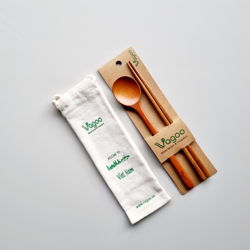 Vagoo - Bộ đũa muỗng gỗ cá nhân và túi vải phong cách Hàn Quốc