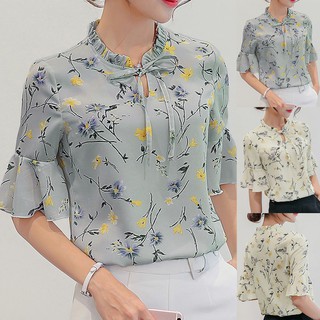 Áo kiểu chất chiffon tay loe hoạ tiết hoa thời trang công sở