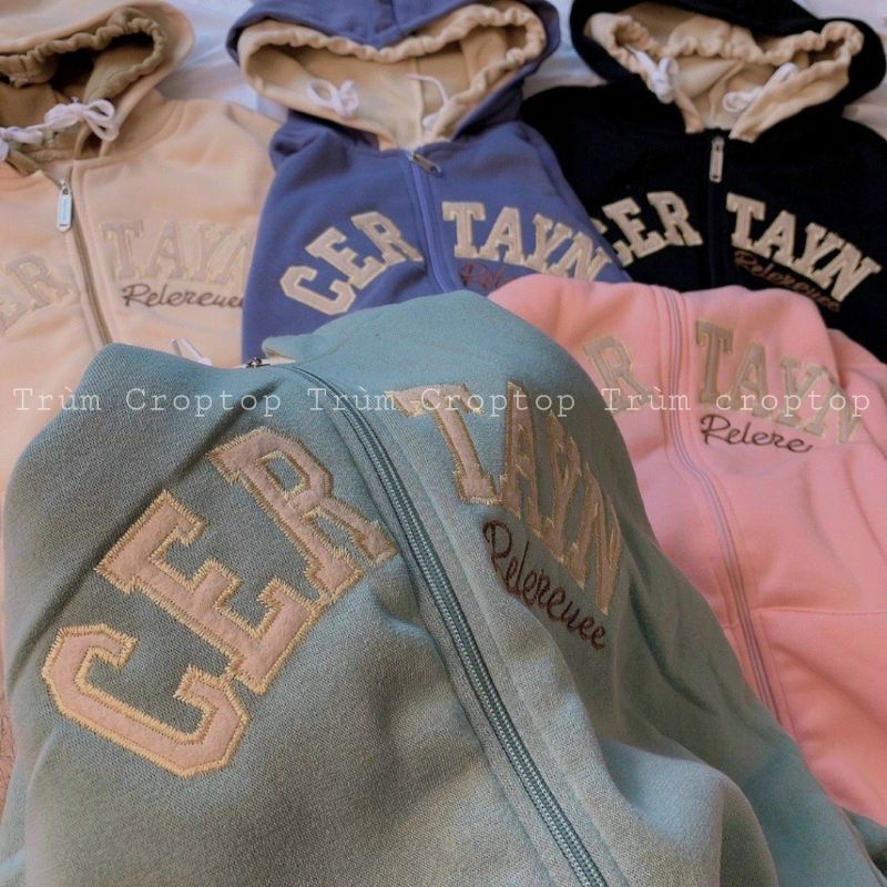 Áo khoác nữ chất nỉ ngoại chữ thêu Certain có mũ 2 lớp form rộng oversize dáng ulzzang hàn quốc