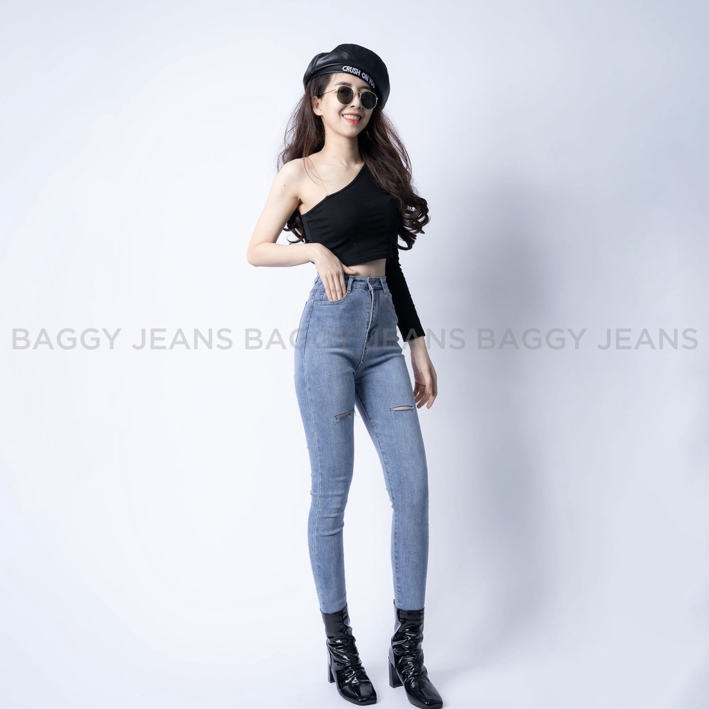 Quần Dài Jean Nữ Lưng Cạp Cao Tua Lai Rách Nhẹ