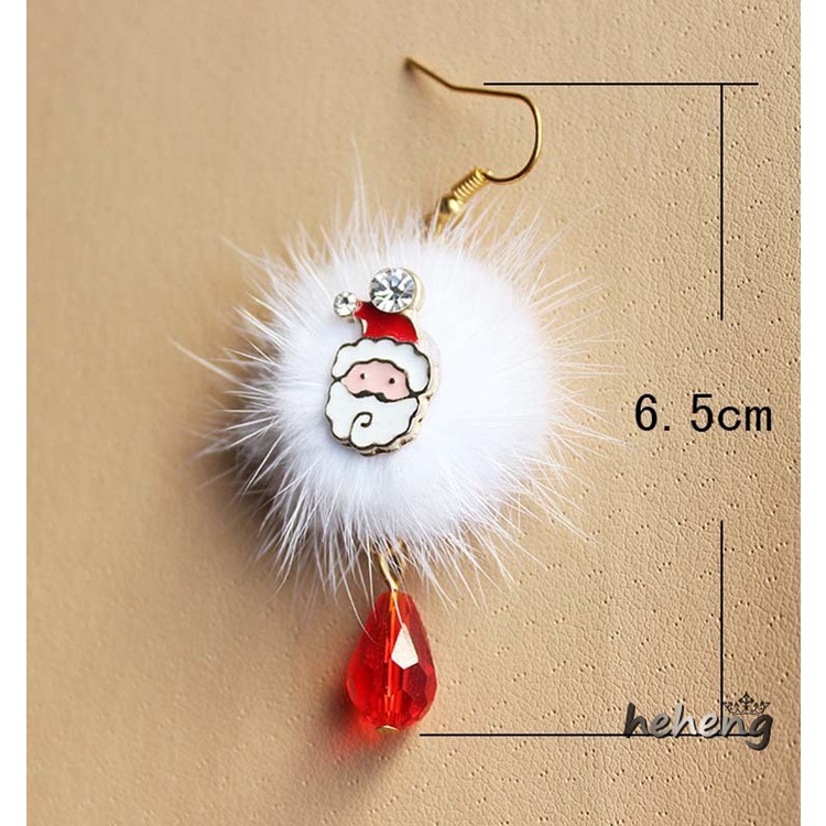 Bông Tai Dáng Dài Mặt Hình Ông Già Noel / Tuần Lộc Đính Pha Lê Phối Quả Cầu Nhung Màu Trắng / Đỏ