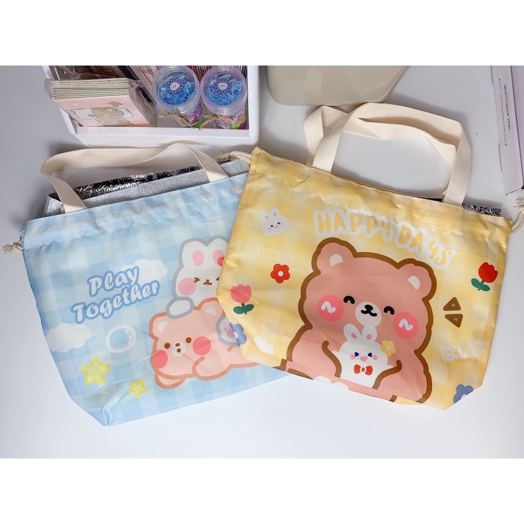 Túi đựng cơm đựng trái cây đi siêu thị đi chợ xinh xắn hình gấu cute dễ thương loại dây rút- kèm ảnh thật