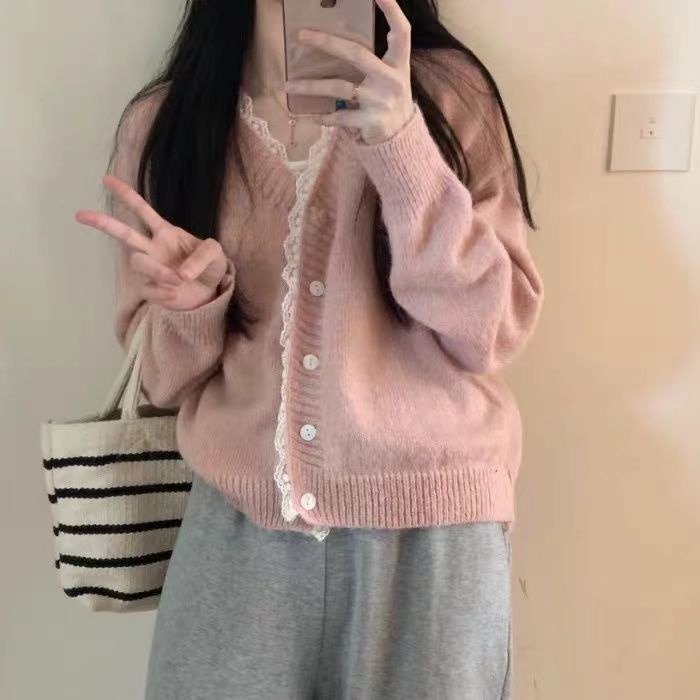 Áo Khoác Cardigan Dệt Kim Dáng Ngắn Form Rộng Phối Ren Thời Trang Cho Nữ