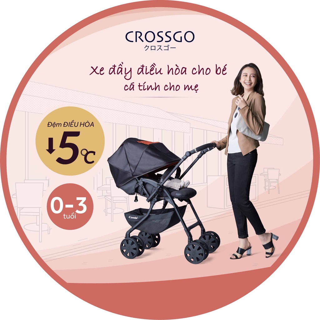 Xe đẩy Combi CrossGo 4 bánh quay tự động Kẻ Ghi/ Xanh Blue /Đen Cam