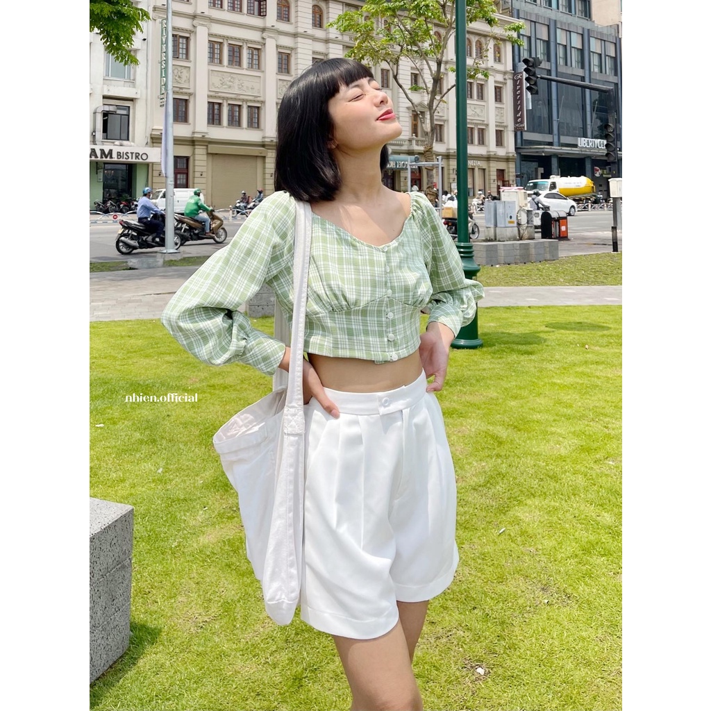 Áo Croptop Caro Tay Dài Xanh Lá Nhienvintage BA67