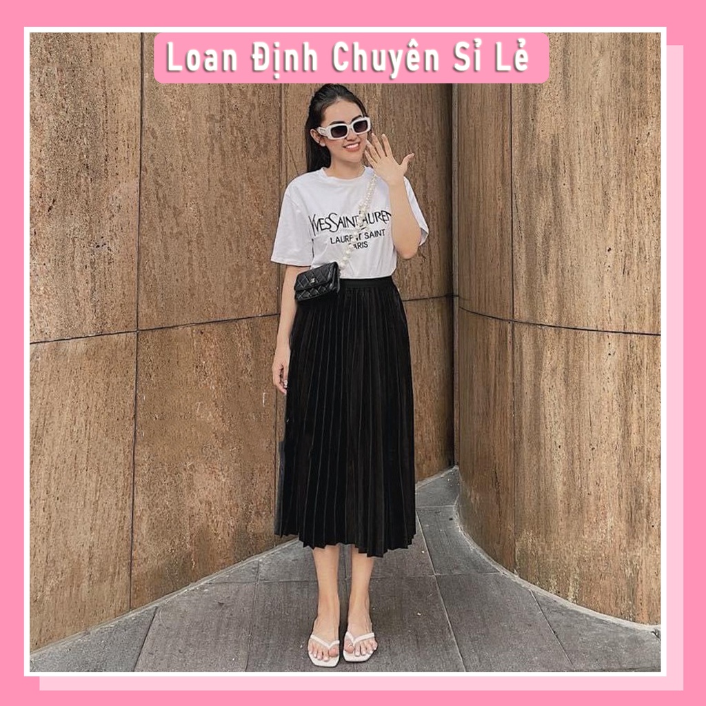 Set áo phông chữ mix chân váy xếp ly dáng dài LD160