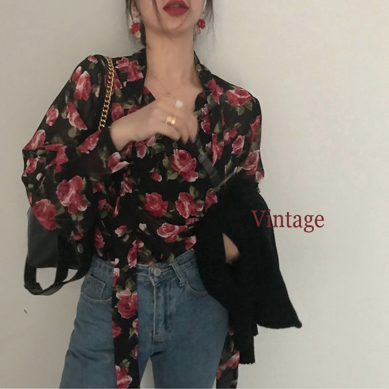 SUXI Áo sơ mi hoa tay lỡ phong cách Hàn Quốc thanh lịch dành cho nữ