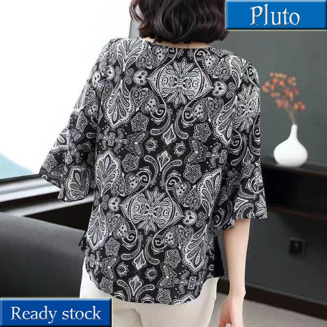 MỚI Áo thun nữ cổ thuyền tay loe in họa tiết cổ điển