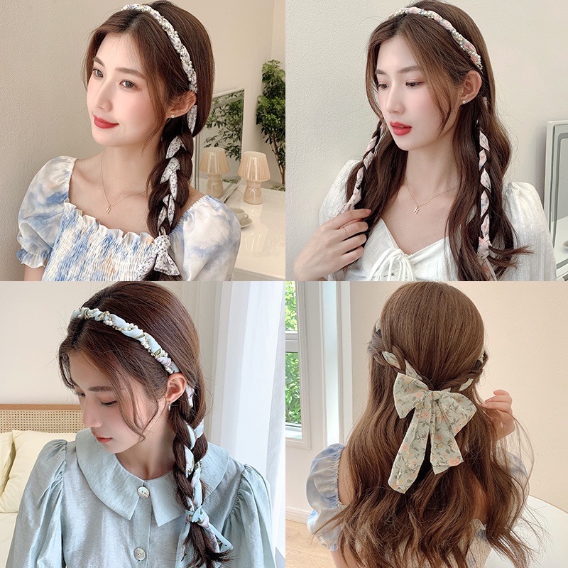 Băng Đô Vải Voan Thắt Nơ In Họa Tiết Đính Ngọc Trai Phong Cách vintage Thanh Lịch Dành Cho Nữ