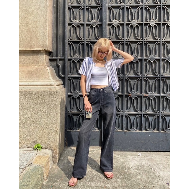 Quần jeans nữ MIEU xám dáng suông lưng mài rách - JA21