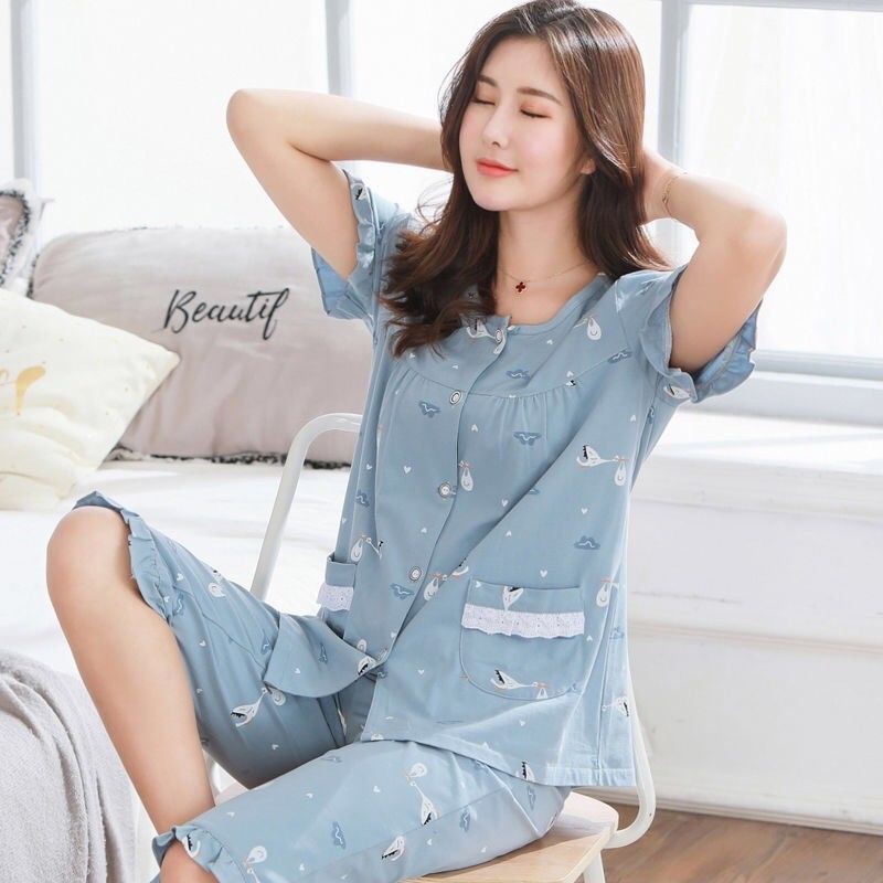 Bộ đồ ngủ của mẹ bằng vải cotton Cao - quần cắt ngắn chất lượng dành cho người trung niên và già cộng với size áo