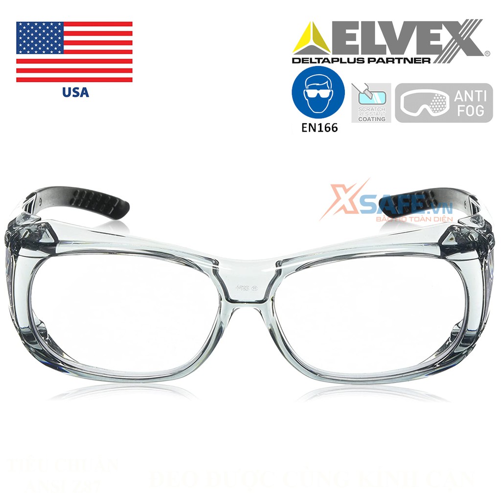 Kính bảo hộ Elvex SG37C trong suốt đeo được cùng kính cận chống tia UV, chống bụi, chắn gió, trầy xước, đọng sương XSAFE