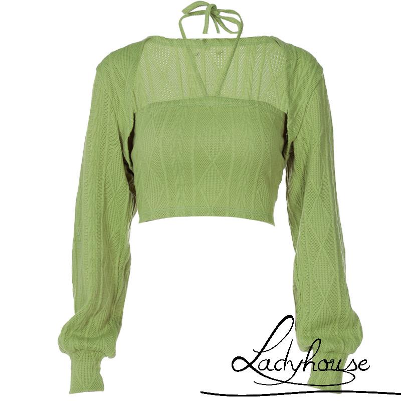 Set áo croptop dệt kim không tay và áo tay dài màu trơn thời trang cho nữ