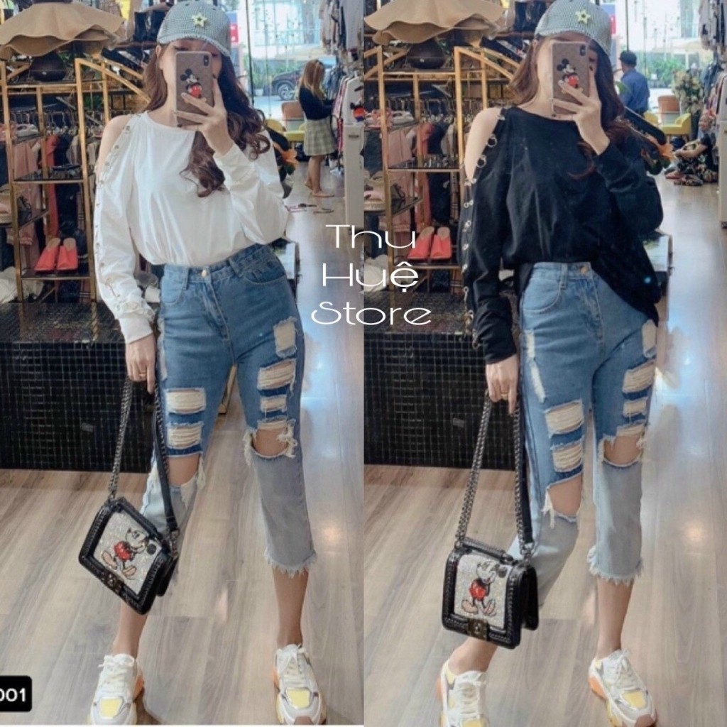 Quần Jean Nữ Dáng Baggy Cạp Cao Rách Đùi Cá Tính Thời Trang Hót Nhất 2020
