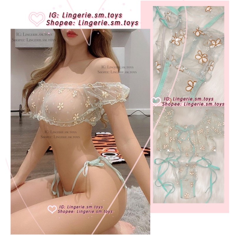 Voan Cúc Hoạ Mi Xanh Mint - Nội Y Xuyên Thấu Gợi Cảm - Quần Siêu Nhỏ Cột Dây Lả Lơi - Set Ngủ Sexy