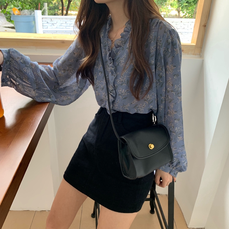 Áo Sơ Mi Chiffon Tay Dài Cổ Chữ V Họa Tiết Hoa Phong Cách Hàn Quốc Cho Nữ