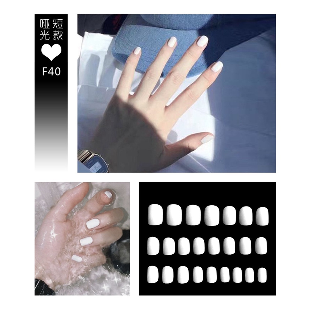 [Hàng mới về] Hộp 24 móng tay giả ngắn màu nhám thời trang cho nữ với keo tiện dụng